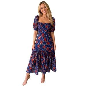 Rixo Joia Floral Polka Dot Smocked Maxi Dress Blue Red Womens Size M NWT